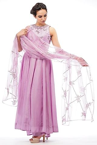 lilac handcrafted embroidered anarkali set