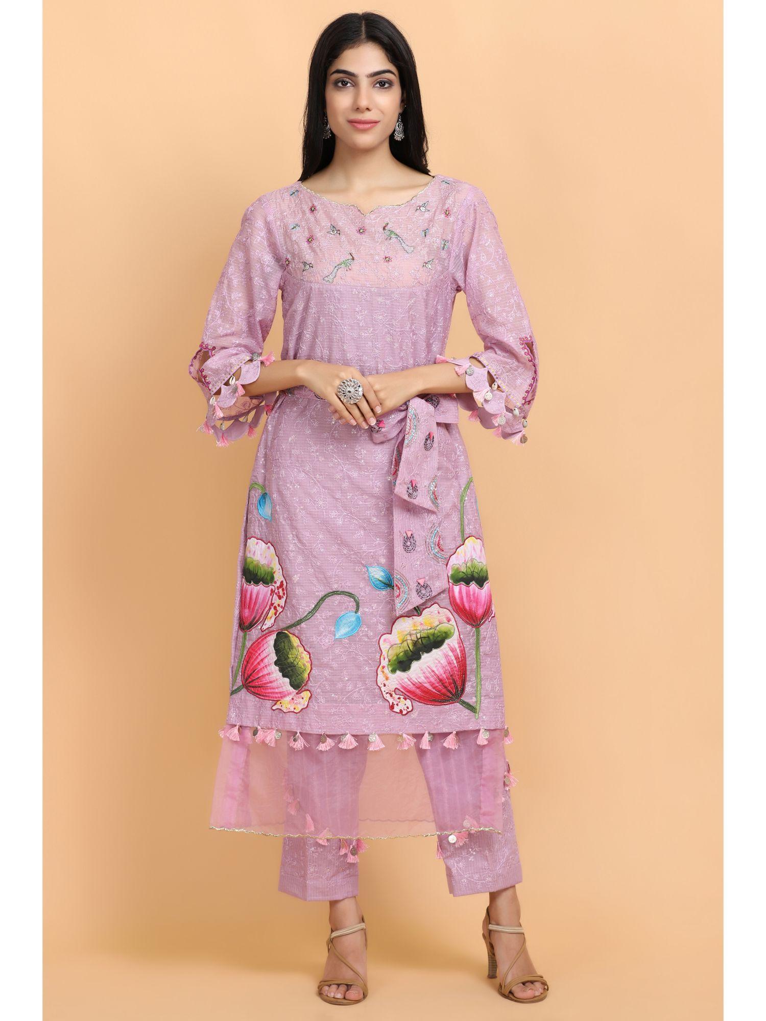 lilac handpainted kurta pant with dupatta (set of 3)