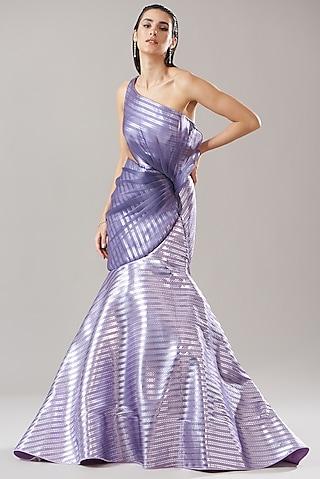 lilac handwoven metallic textile draped gown