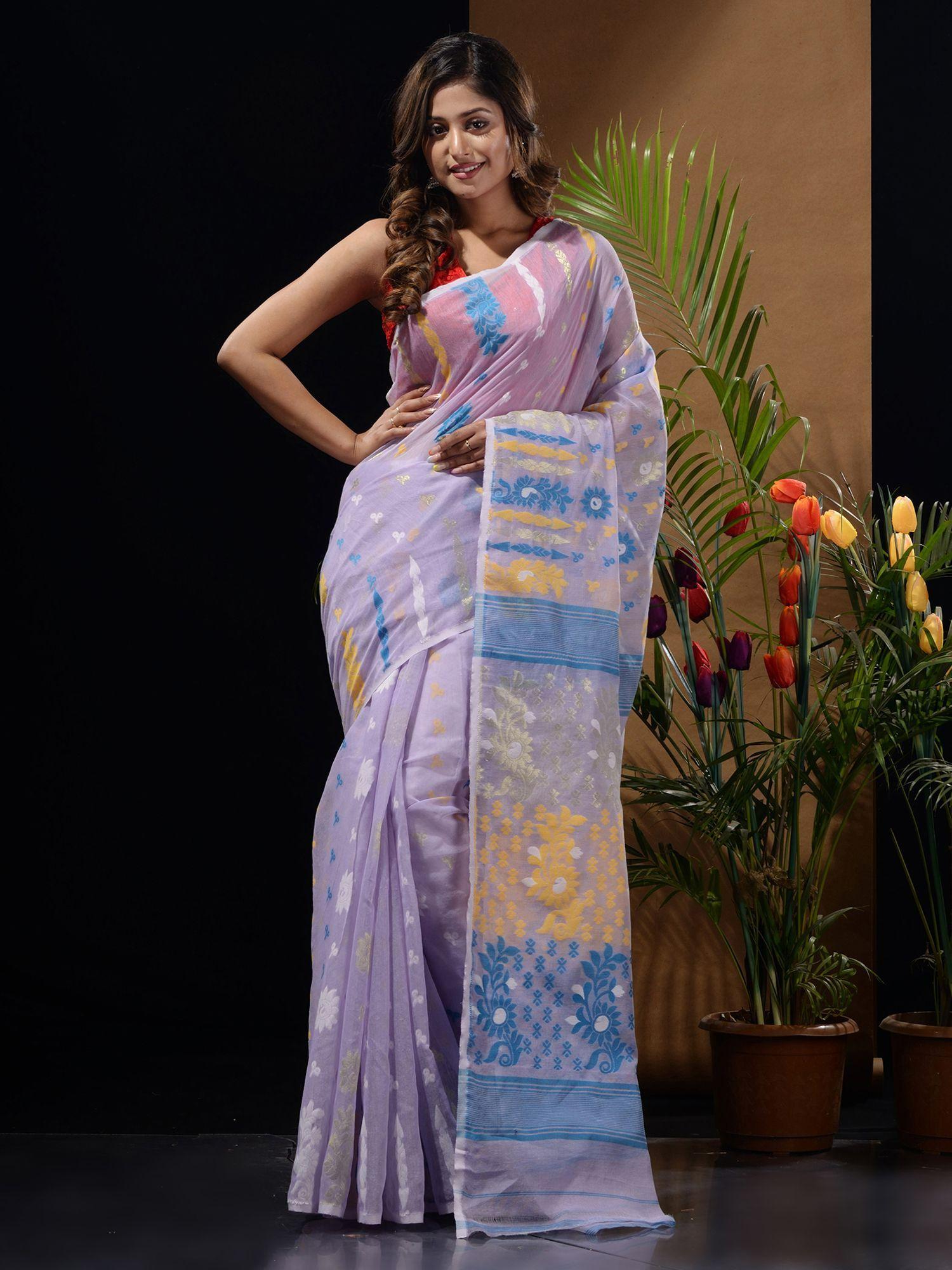 lilac handwoven saree with multicolour floral designs & motifs