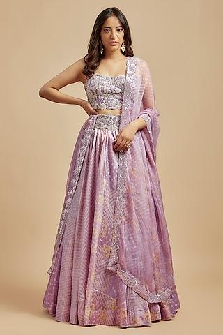 lilac kora silk bandhani printed lehenga set