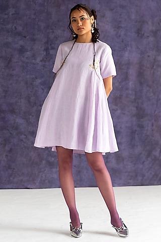 lilac linen bullion knot embroidered knee-length dress