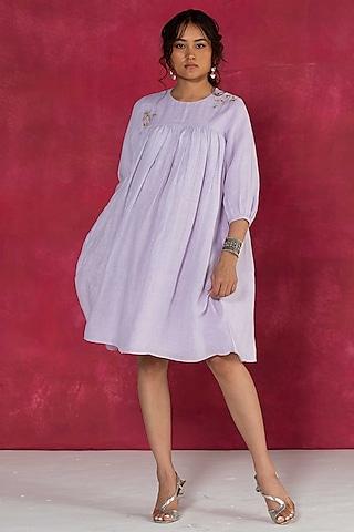 lilac linen bullion knot embroidered knee-length dress