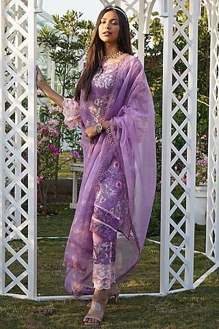 lilac linen floral printed kurta set