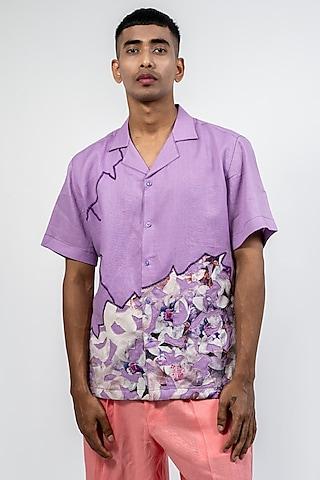 lilac linen printed & embroidered shirt