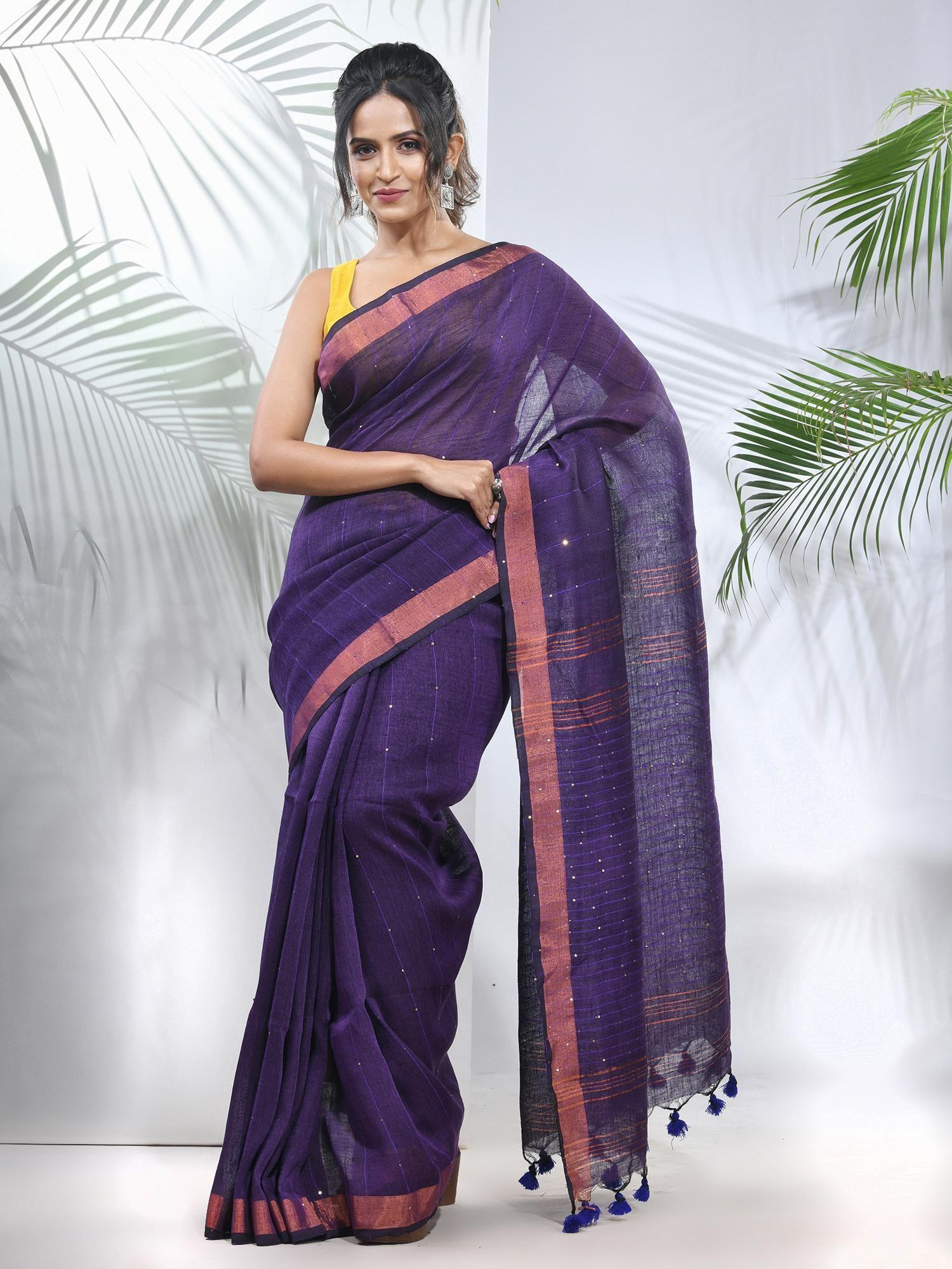 lilac linen saree with sequined work in stripes pallu with unstitched blouse