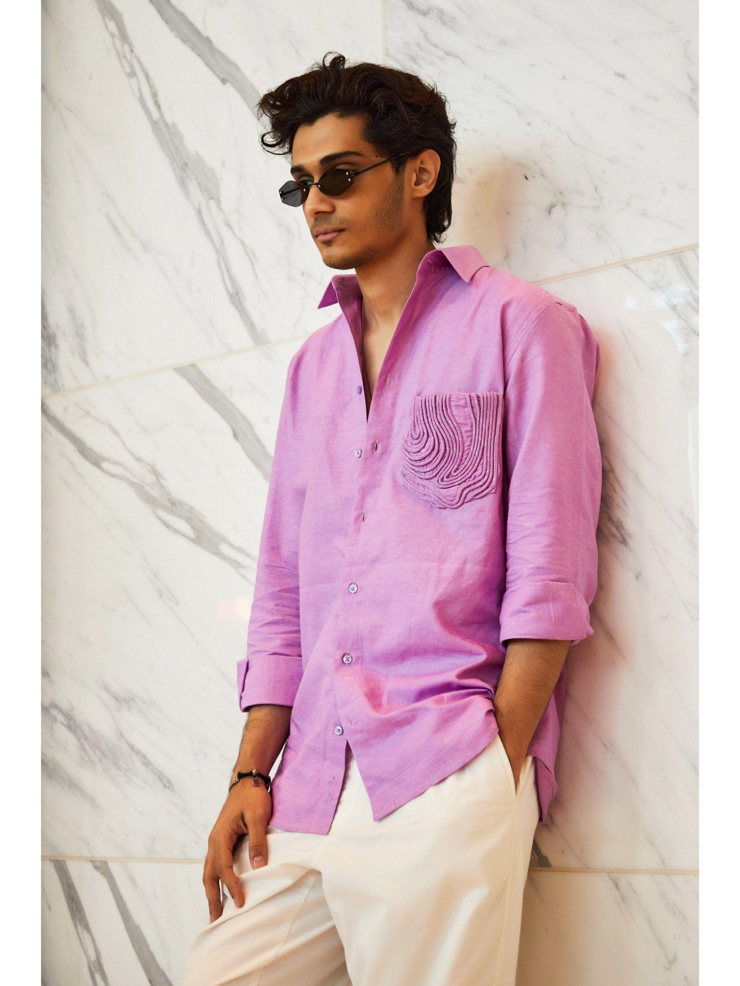 lilac linen shirt with cording pocket detailing