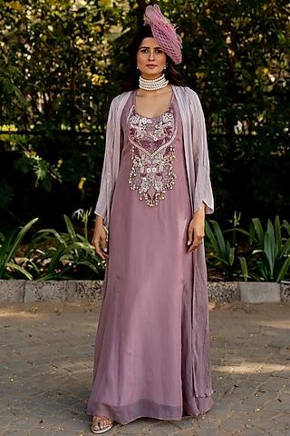 lilac lurex & crepe thread embroidered jacket dress