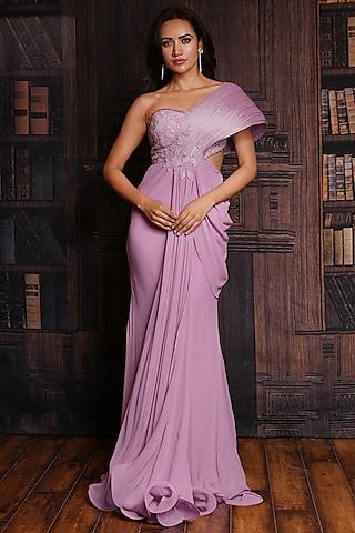 lilac lycra & net thread embroidered draped gown