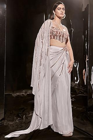 lilac mashru embroidered draped saree set