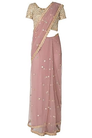 lilac mirror and pearls embellished saree with blouse