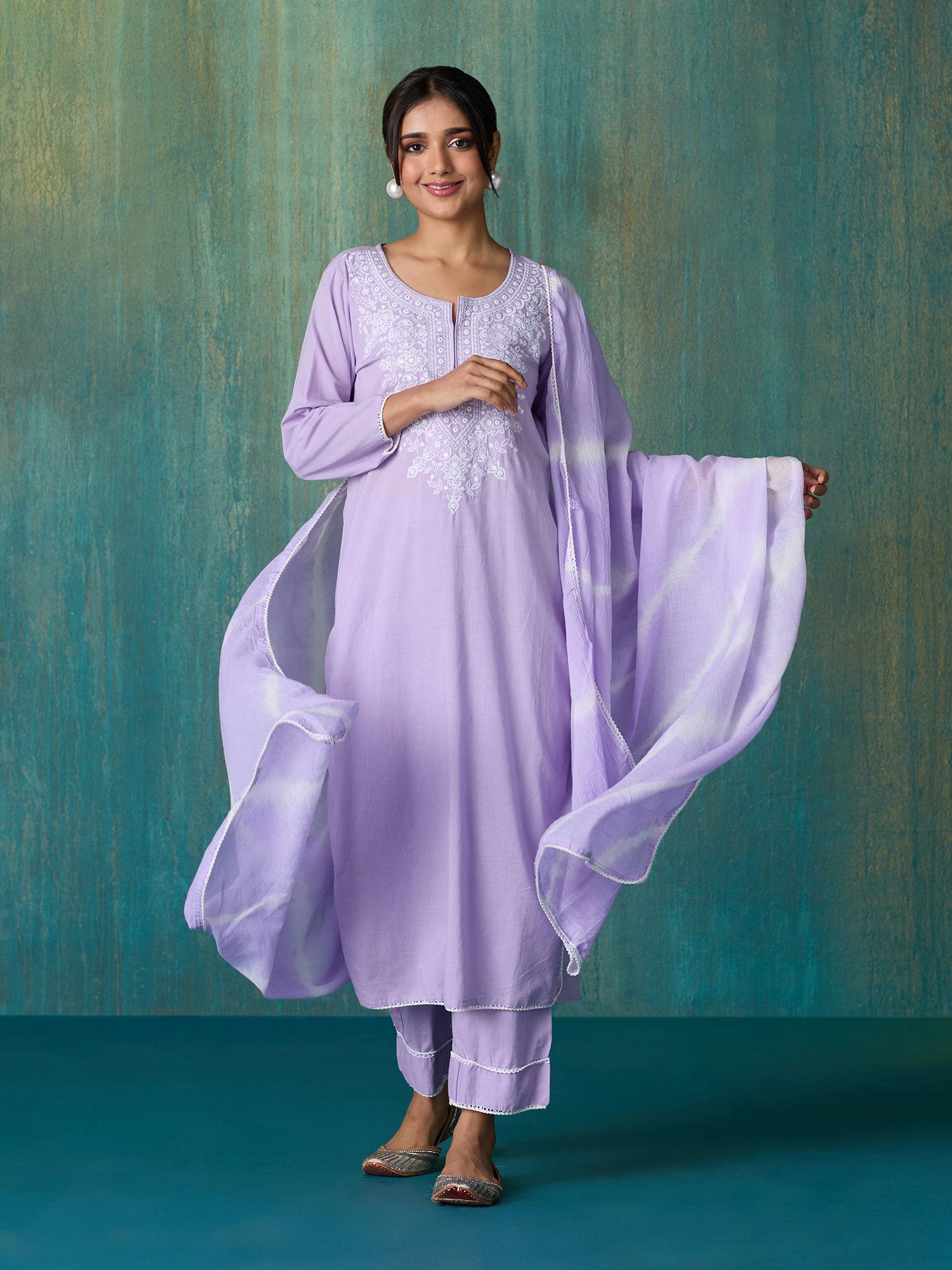 lilac mirror work kurta pant and dupatta likskd252 (set of 3)