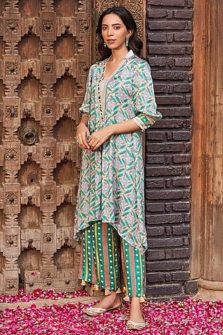 lilac modal satin handblock printed asymmetric kurta set