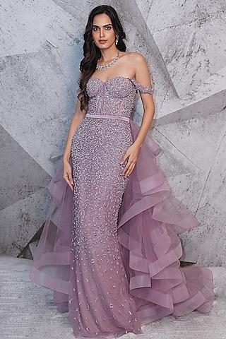 lilac net cutdana bead embellished corset gown