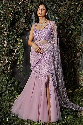 lilac net embroidered draped gown saree set