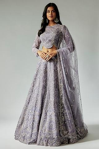 lilac net hand embroidered lehenga set