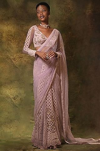 lilac net lucknowi thread work pre-stitched skirt saree set