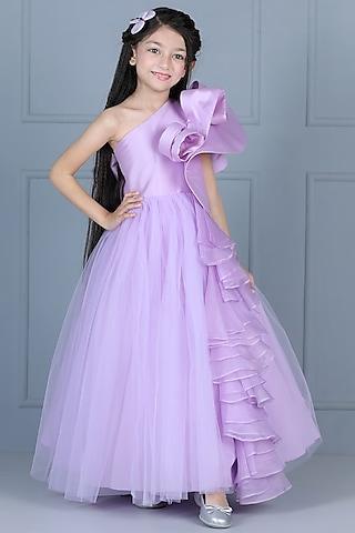 lilac net ruffled off-shoulder gown for girls