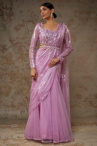 lilac net salli embroidered pre-draped lehenga saree set