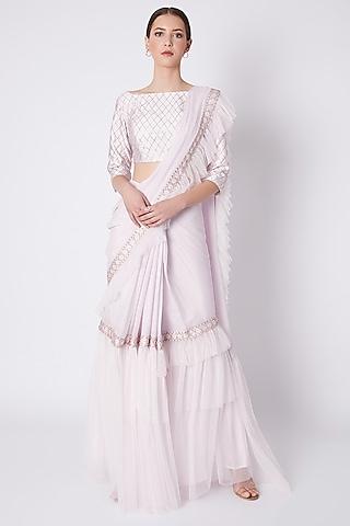 lilac net sequins embroidered ruffled saree set