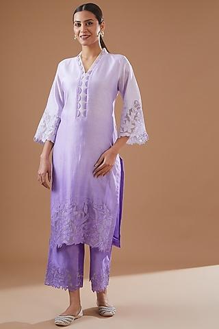 lilac ombre chanderi embroidered kurta set