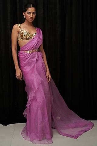 lilac organza & cotton lycra pre-draped saree set