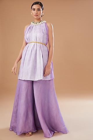 lilac organza embroidered pleated kurta set