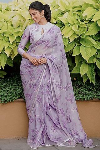 lilac organza floral printed saree set