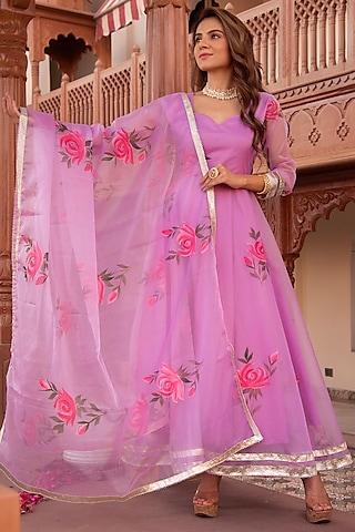 lilac organza hand-painted anarkali set