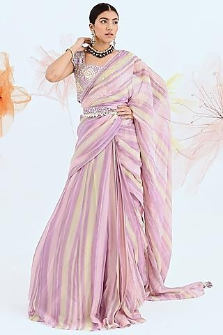 lilac organza stripe printed lehenga saree set