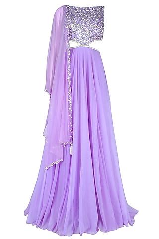 lilac pearls and sequins embellished flared cutout gown with an attcahed drape