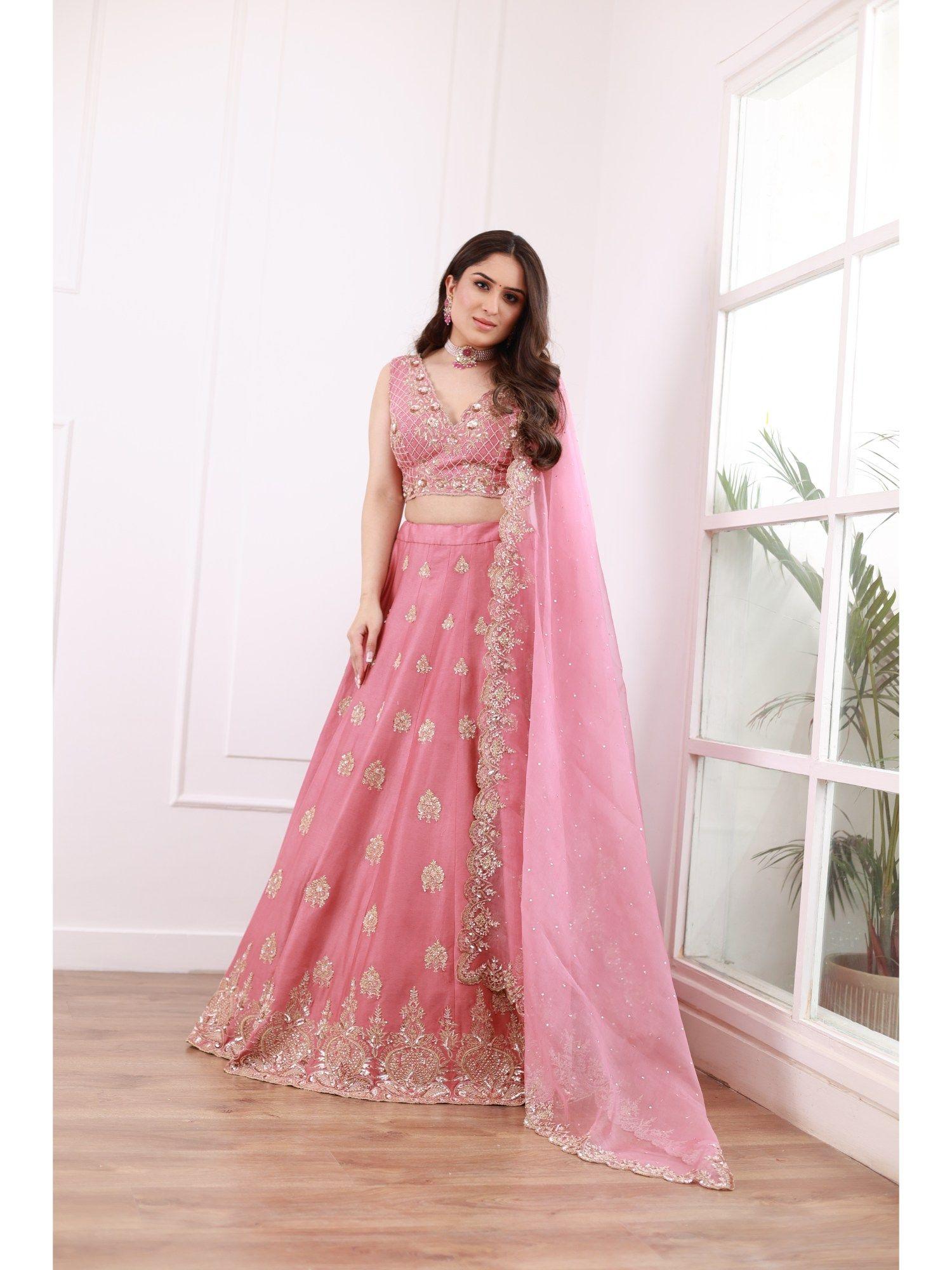 lilac pink embroidered and embellished lehenga with choli and dupatta (set of 3)