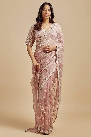 lilac pink organza jaal embroidered saree set