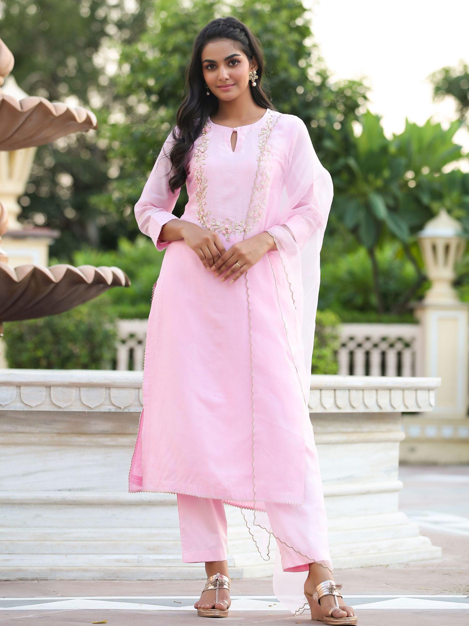 lilac pink pure chanderi suit (set of 3)