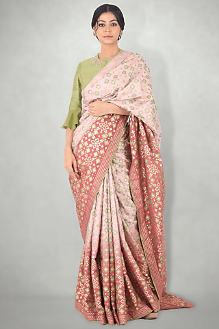 lilac pink silk ikat printed saree