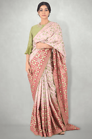 lilac pink silk tie-dye & ikat printed saree