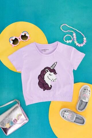 lilac print casual half sleeves round neck girls regular fit  t-shirt