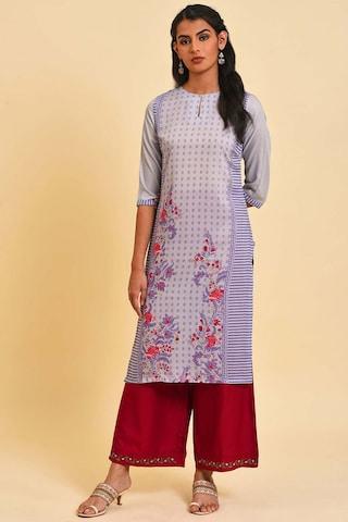 lilac print casual key hole neck 3/4th sleeves women regular fit kurta