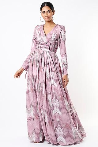 lilac printed & hand embroidered maxi dress