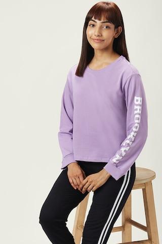 lilac printed active wear full sleeves round neck women regular fit sweatshirt