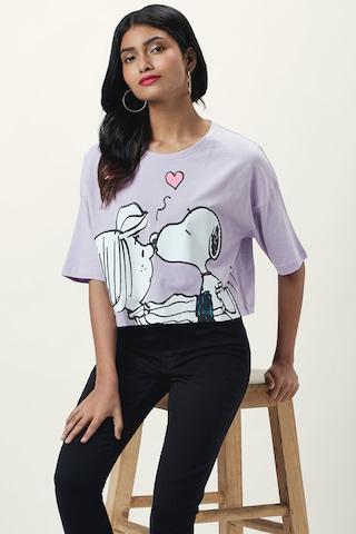 lilac printed casual elbow sleeves round neck women comfort fit t-shirt