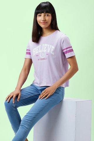 lilac printed casual half sleeves round neck women regular fit t-shirt