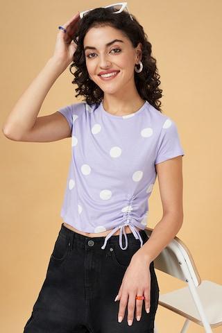 lilac printed casual short sleeves round neck women crop fit top