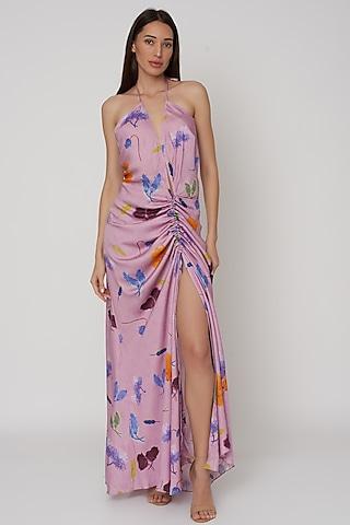 lilac printed cutout dress in satin