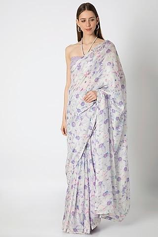 lilac printed embroidered saree set