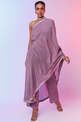 lilac printed one-shoulder draped pant saree