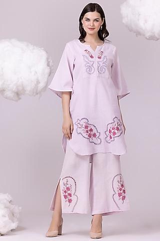 lilac pure textured cotton printed & embroidered tunic set