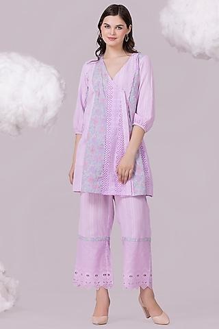 lilac pure textured cotton printed tunic set