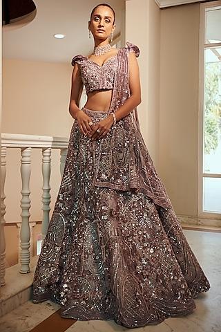 lilac raw silk & net embroidered lehenga set