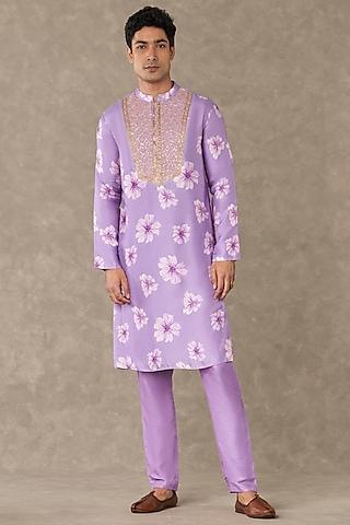 lilac raw silk digital printed & embroidered kurta set